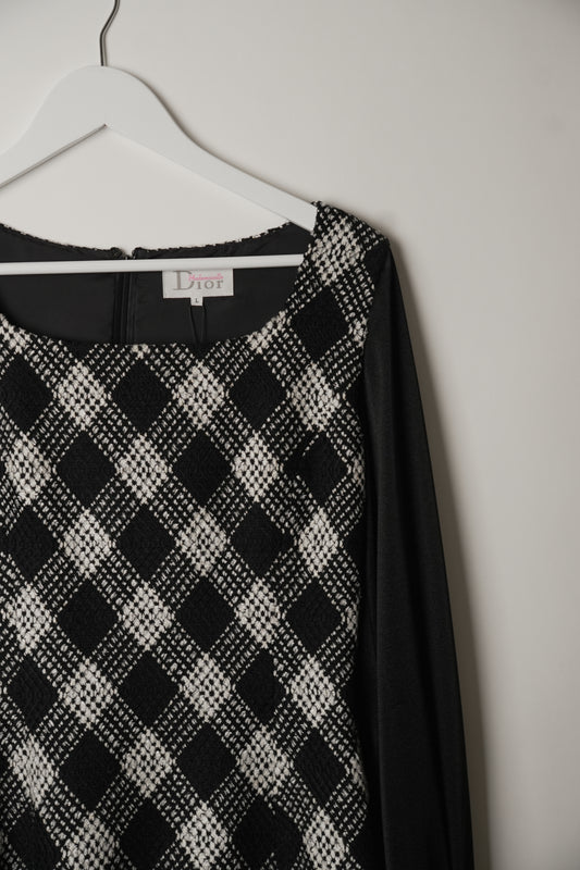 Miss Dior Checkered Tweed Square Neck Sheer Long Sleeve Dress