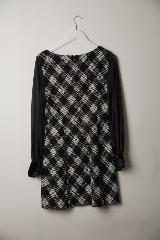 Miss Dior Checkered Tweed Square Neck Sheer Long Sleeve Dress