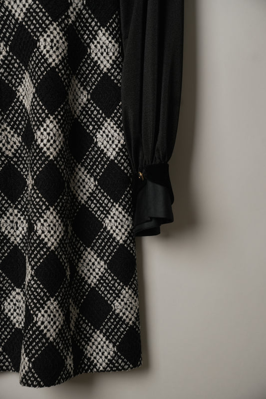 Miss Dior Checkered Tweed Square Neck Sheer Long Sleeve Dress