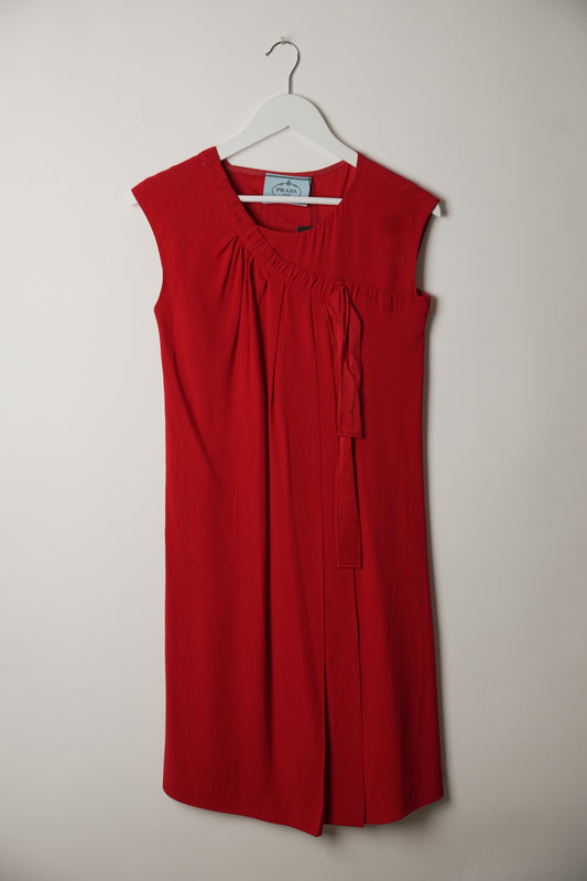 Prada Red Layered Pleat Sleeveless Shift Dress w Bow