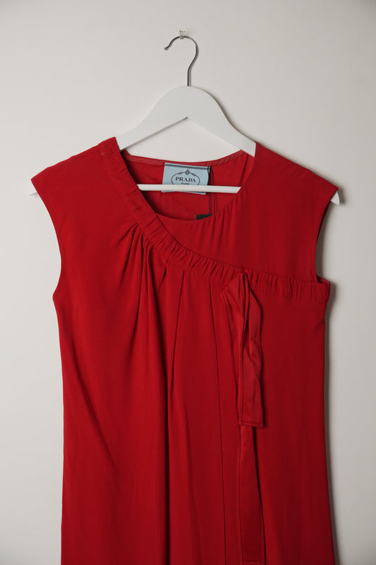 Prada Red Layered Pleat Sleeveless Shift Dress w Bow