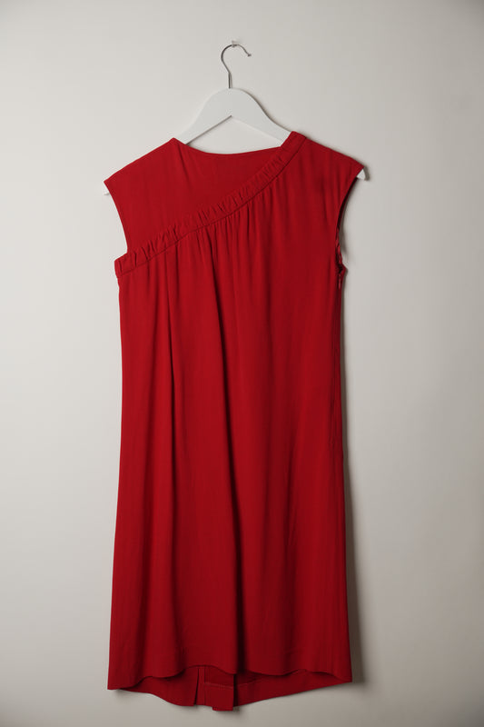 Prada Red Layered Pleat Sleeveless Shift Dress w Bow