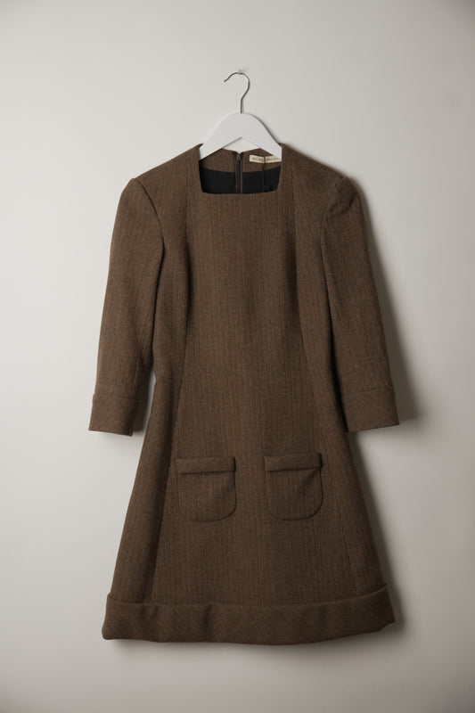 Balenciaga Tweed Wool Pocket 3/4 Sleeve A Line Dress