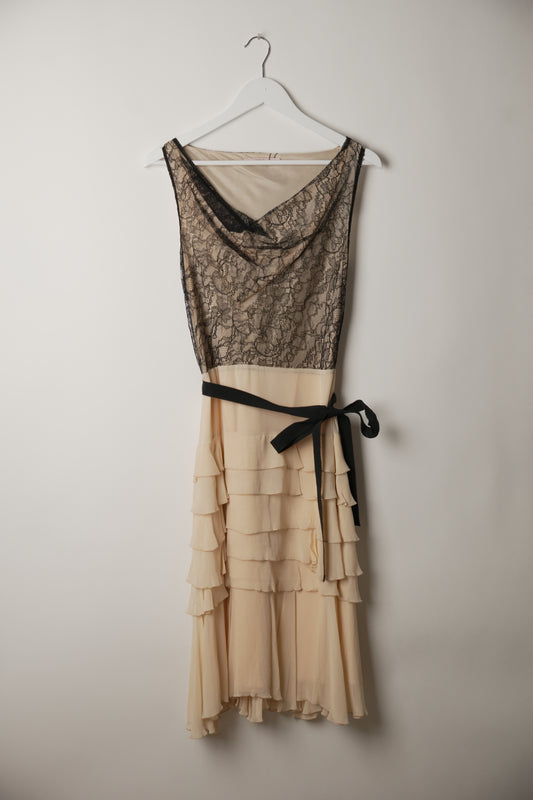 Red Valentino Lace Silk Drape Ruffle Skirt Dress