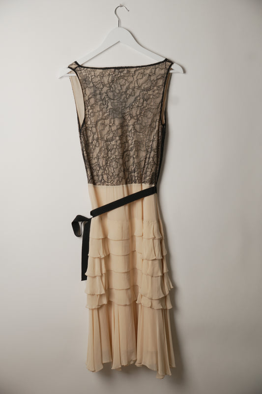 Red Valentino Lace Silk Drape Ruffle Skirt Dress