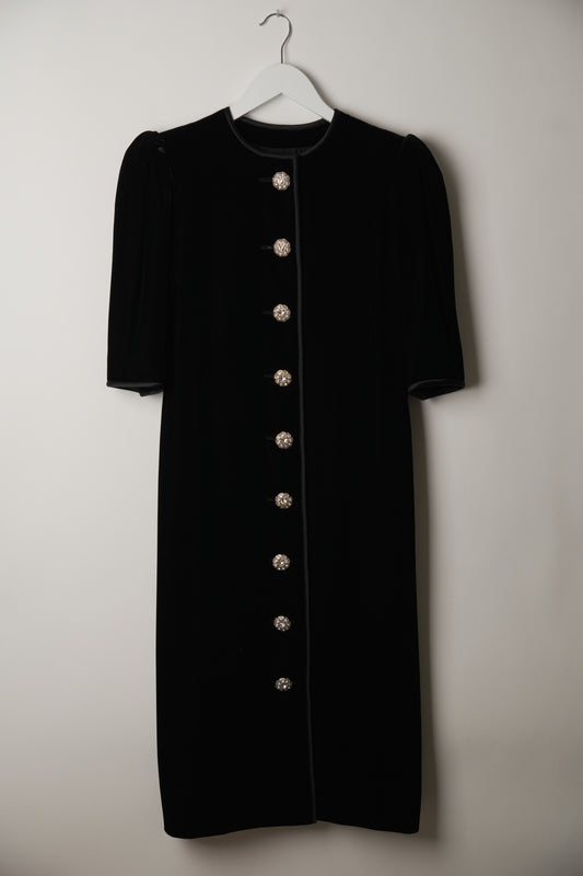 Saint Laurent 1/2 Sleeve Collarless Button Down A Line Midi Velvet Dress