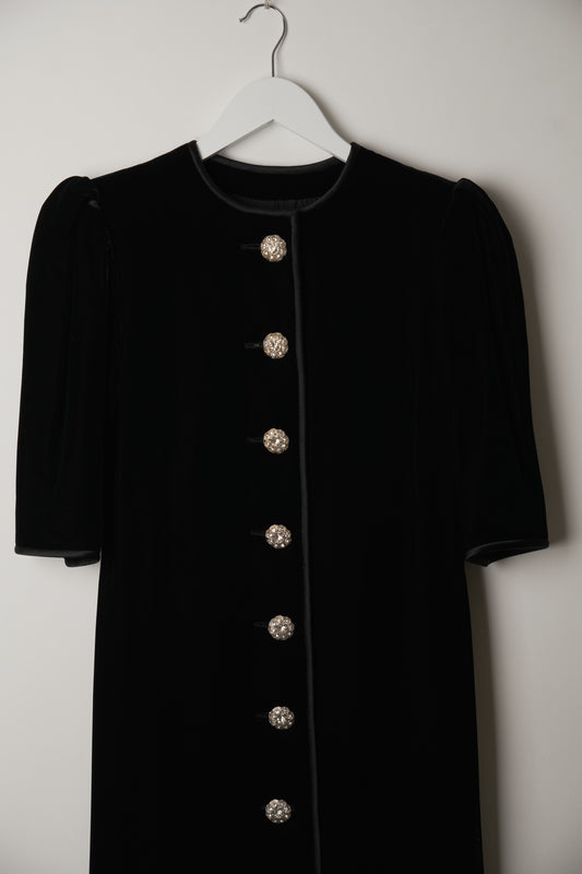 Saint Laurent 1/2 Sleeve Collarless Button Down A Line Midi Velvet Dress