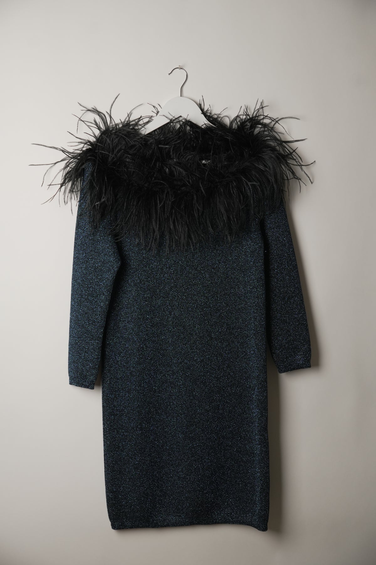 Yves Saint Laurent Knit Glitter Long Sleeve Feather Neckline Mini Dress