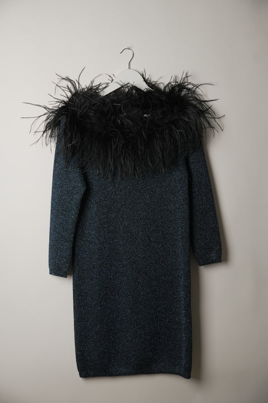 Yves Saint Laurent Knit Glitter Long Sleeve Feather Neckline Mini Dress