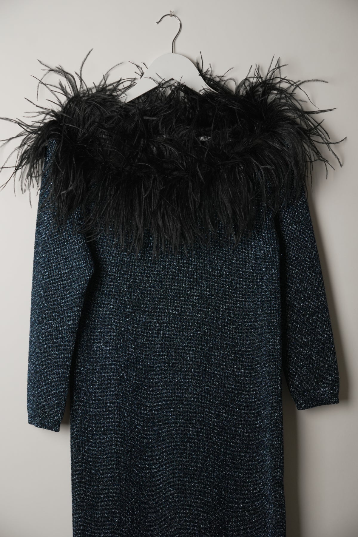 Yves Saint Laurent Knit Glitter Long Sleeve Feather Neckline Mini Dress
