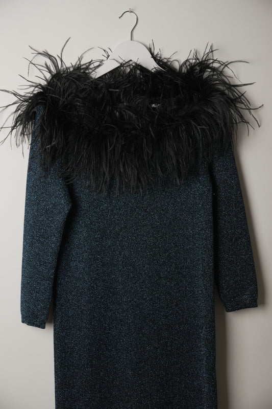 Yves Saint Laurent Knit Glitter Long Sleeve Feather Neckline Mini Dress