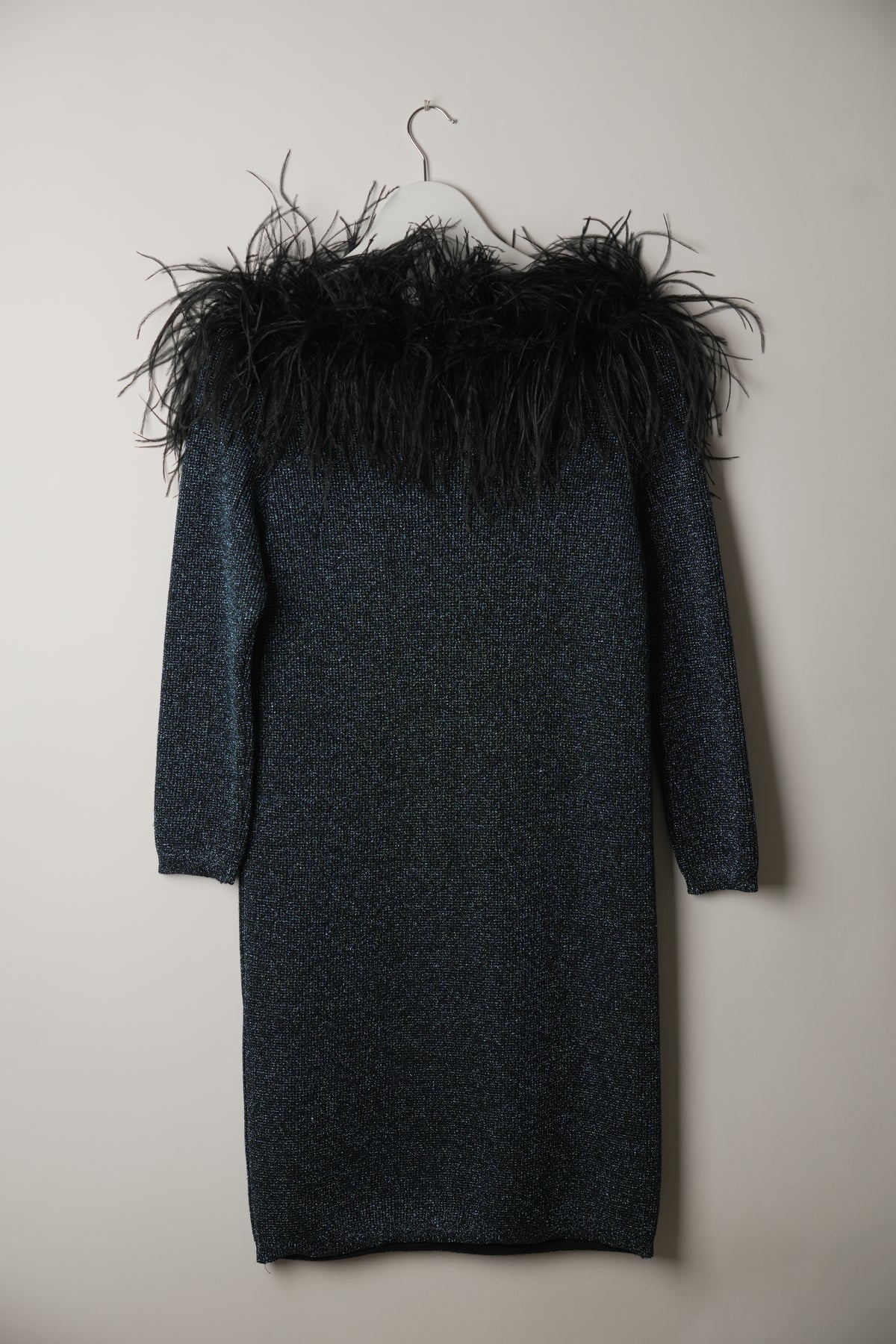 Yves Saint Laurent Knit Glitter Long Sleeve Feather Neckline Mini Dress