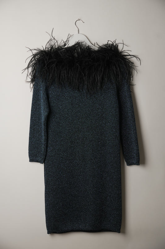 Yves Saint Laurent Knit Glitter Long Sleeve Feather Neckline Mini Dress
