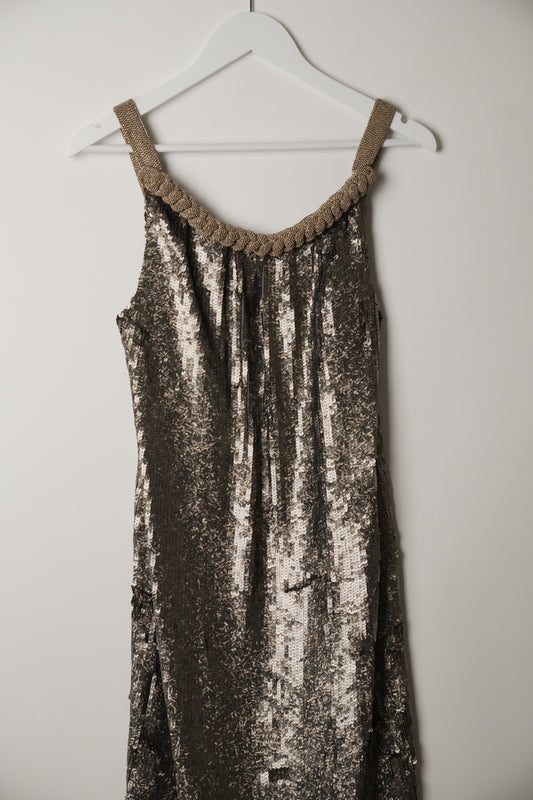 Dries Van Noten Sequin with Gold Beaded Halterneck Dress