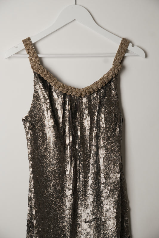 Dries Van Noten Sequin with Gold Beaded Halterneck Dress