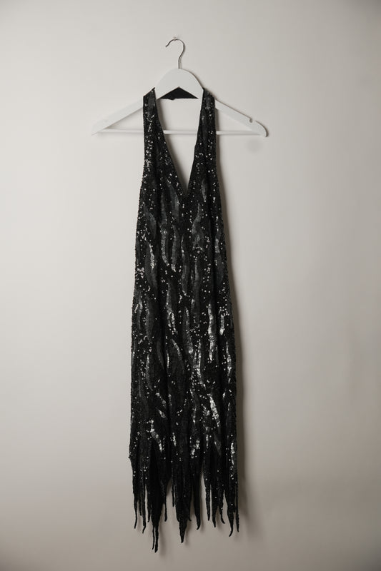 Jean Louis Scherrer Flame Beaded Halterneck Fringe Evening Dress