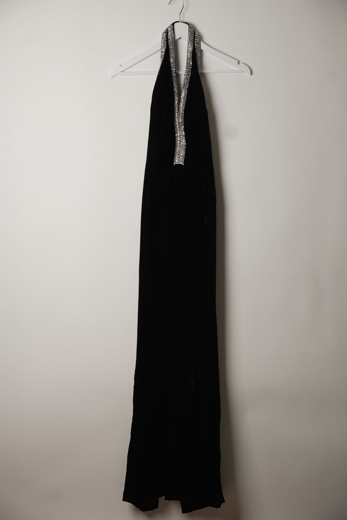 Giorgio Armani Black Velvet Maxi Halterneck Gem Neckline Dress