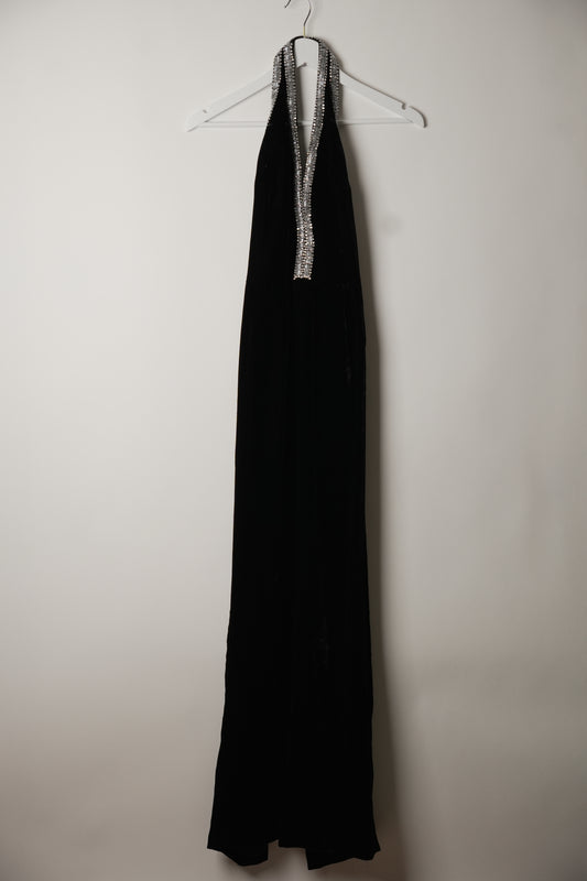 Giorgio Armani Black Velvet Maxi Halterneck Gem Neckline Dress