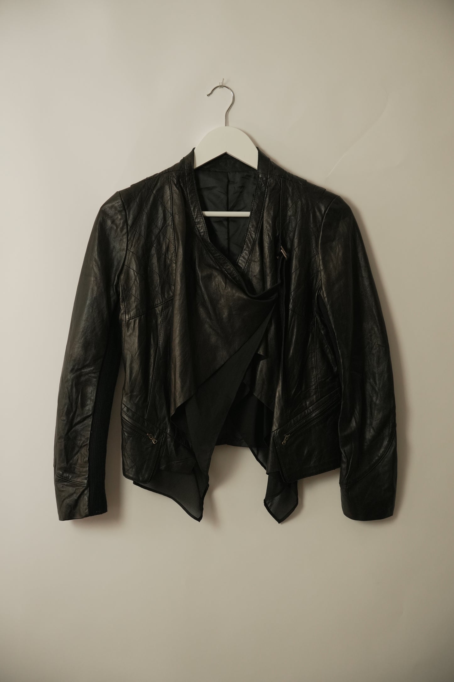 Black Leather Assymetrical Layered Jacket