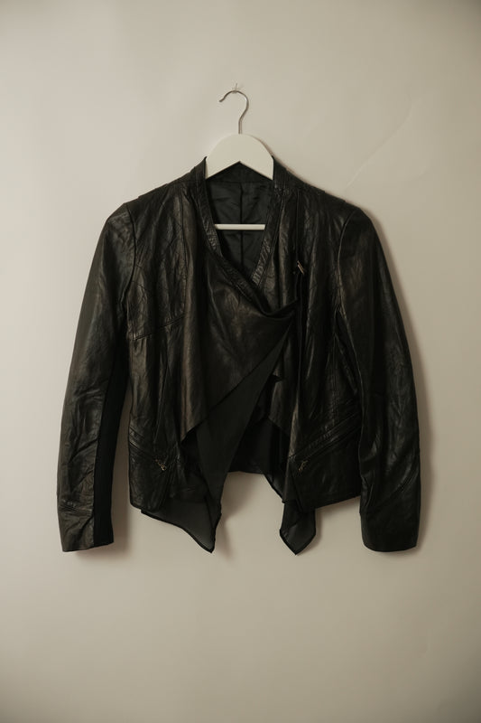 Black Leather Assymetrical Layered Jacket