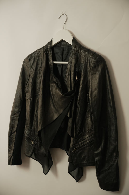 Black Leather Assymetrical Layered Jacket