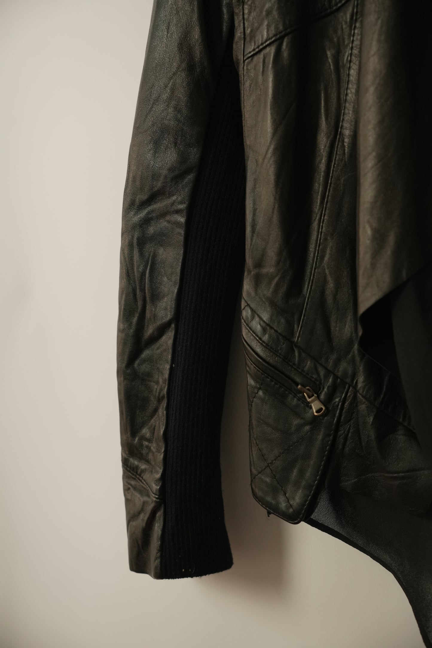 Black Leather Assymetrical Layered Jacket