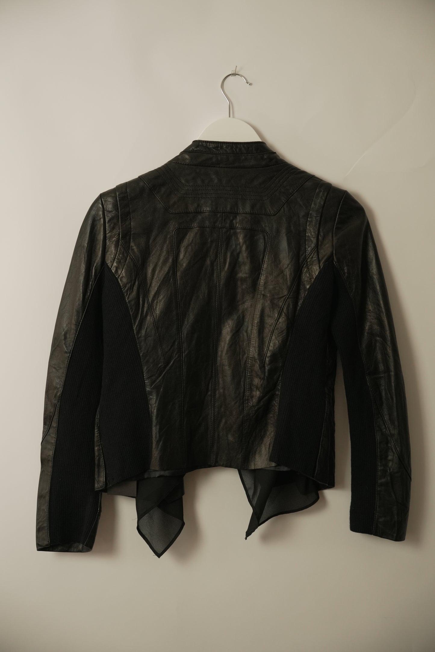 Black Leather Assymetrical Layered Jacket