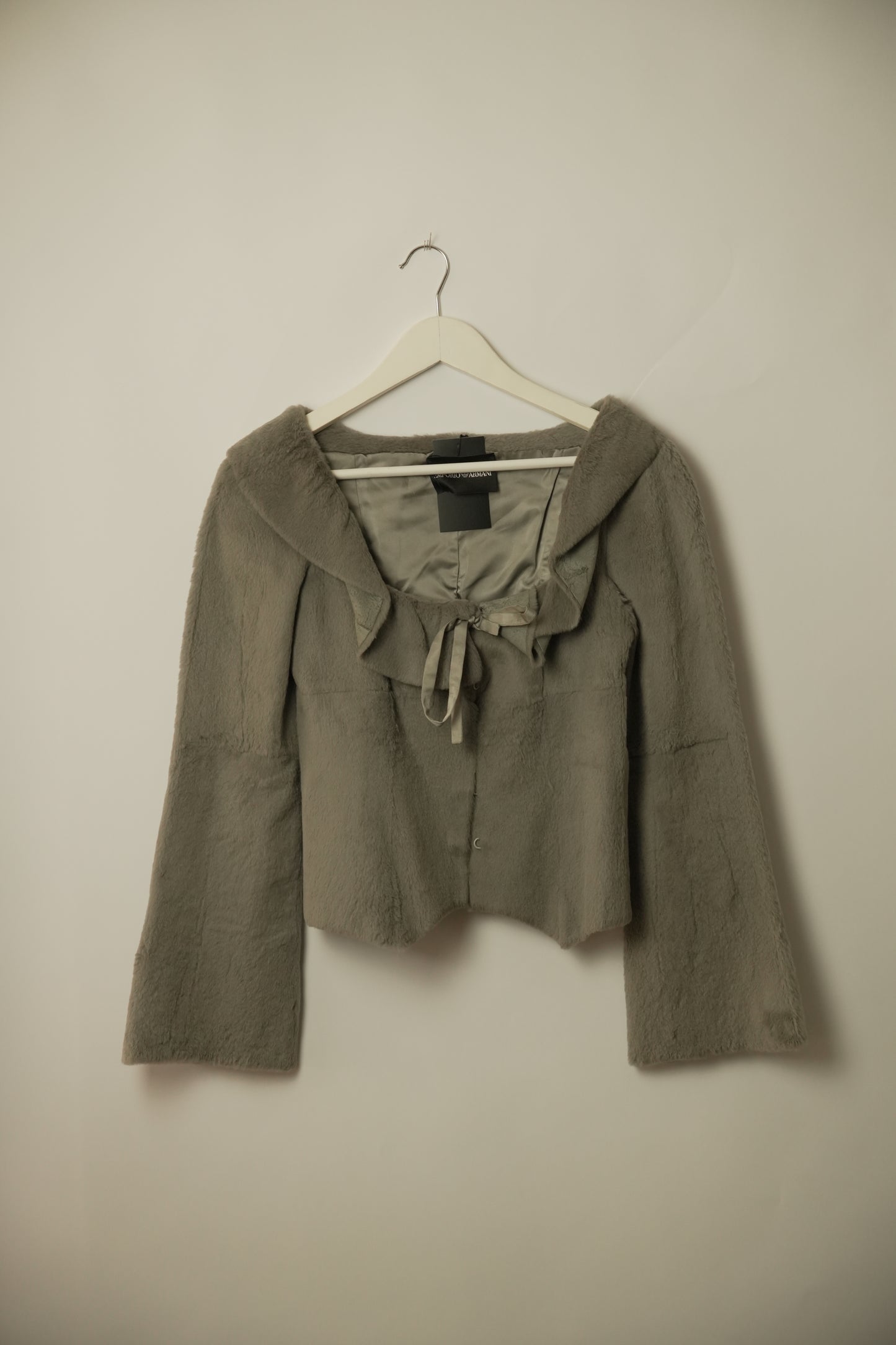 Emporio Armani Scoop Neck Ruffle Fur Jacket Grey Sz 38
