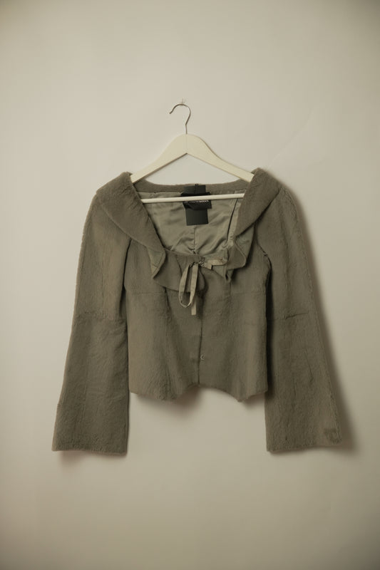 Emporio Armani Scoop Neck Ruffle Fur Jacket Grey Sz 38