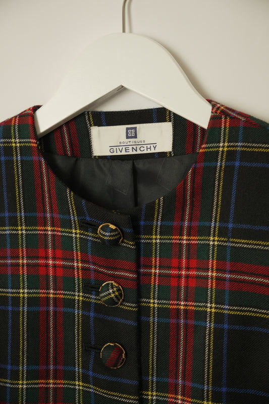 Givenchy Plaid Tartan Collarless Button Down Blazer