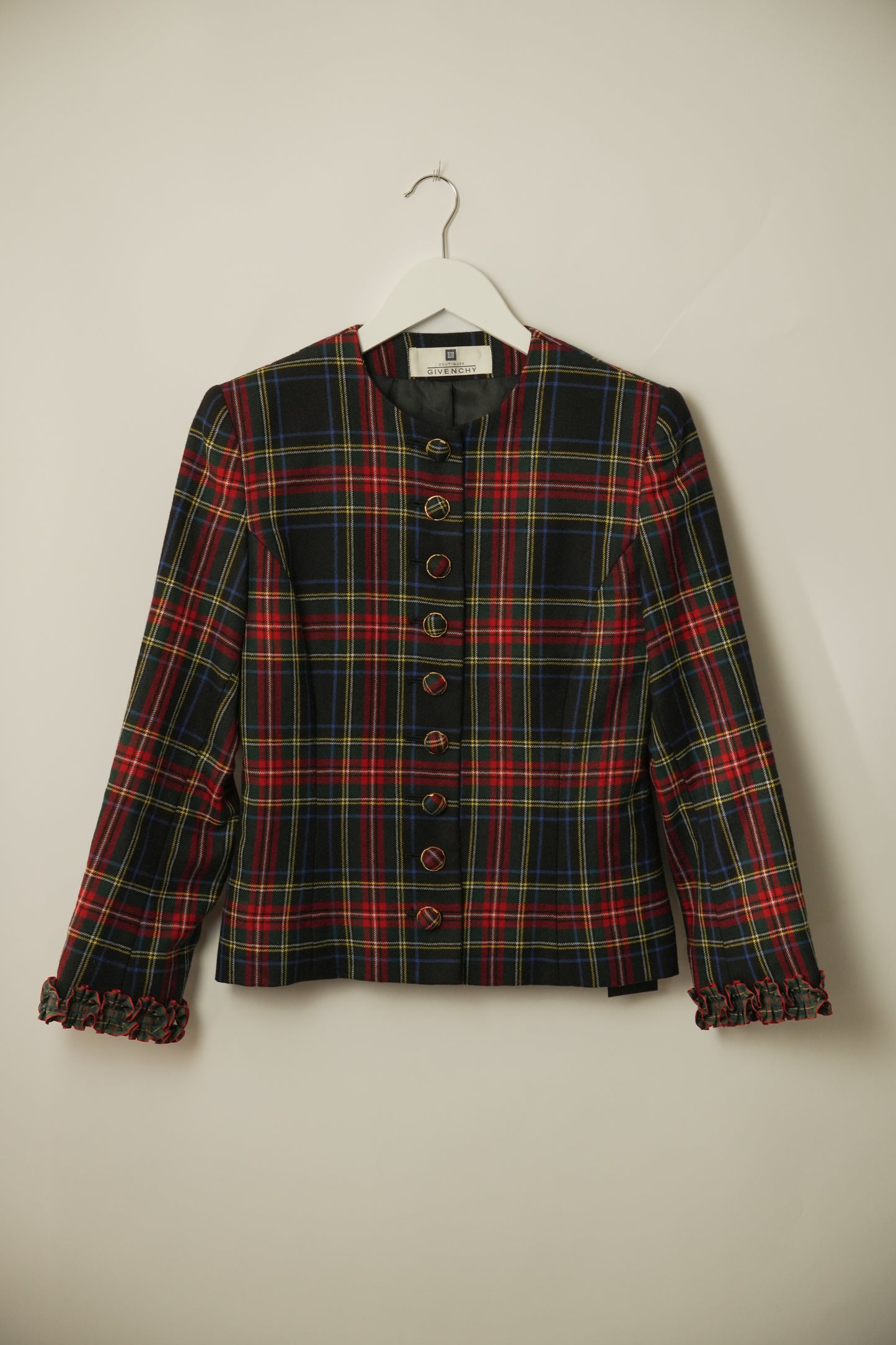 Givenchy Plaid Tartan Collarless Button Down Blazer