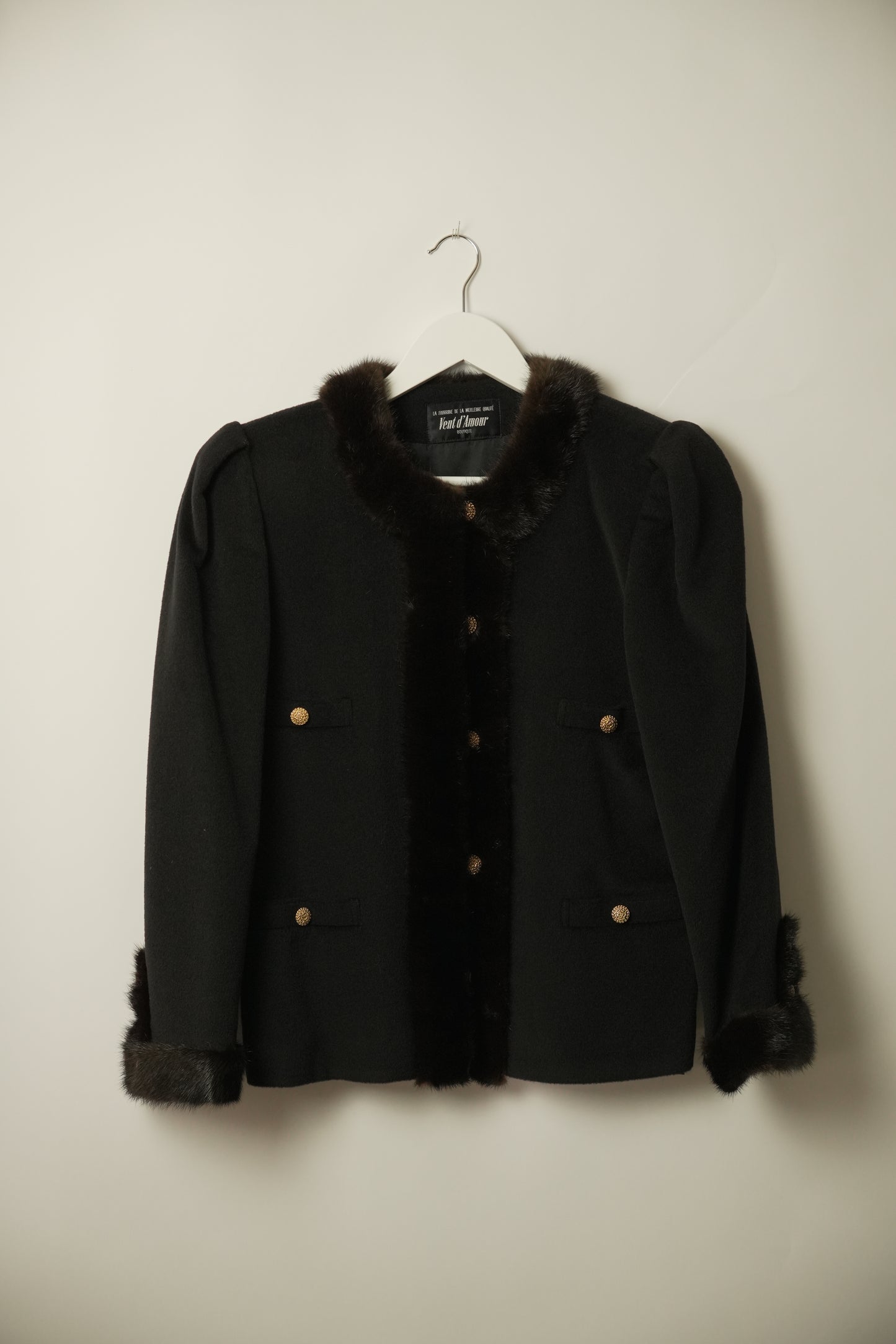 Vintage Fur Trim Puff Sleeve Military Wool Jacket