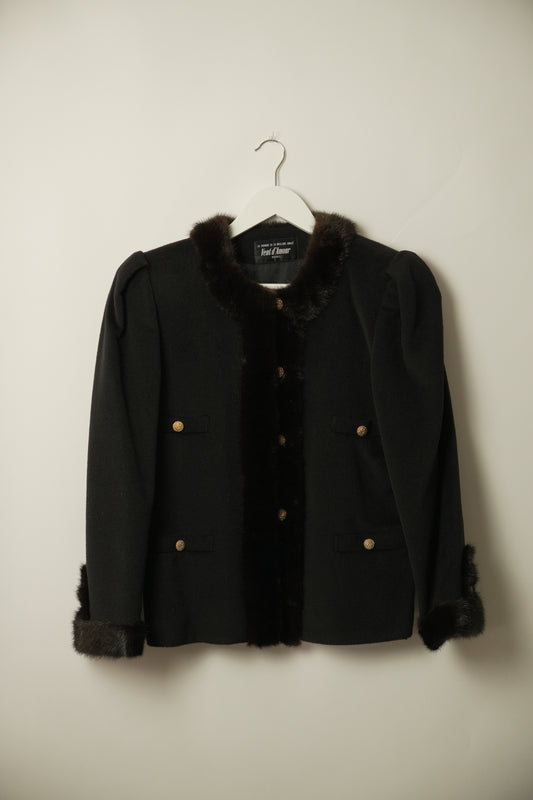 Vintage Fur Trim Puff Sleeve Military Wool Jacket
