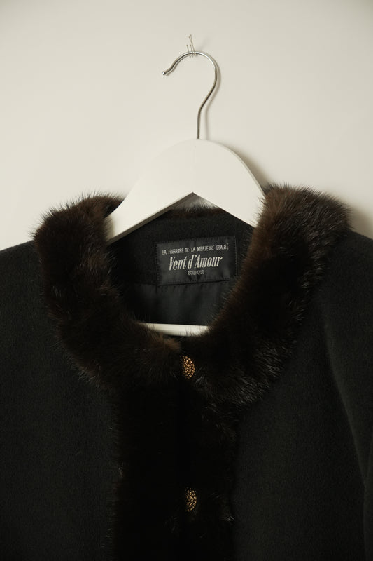 Vintage Fur Trim Puff Sleeve Military Wool Jacket