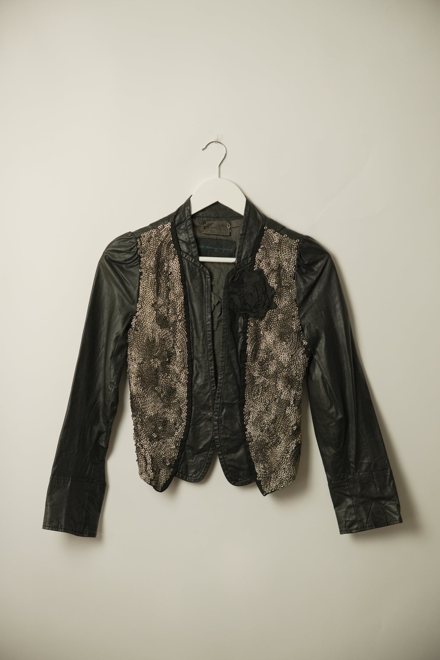 Black Heavy Sequin Chainmail Leather Jacket w Floral Brooch
