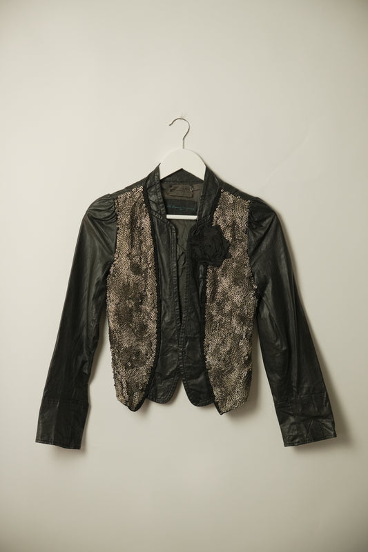 Black Heavy Sequin Chainmail Leather Jacket w Floral Brooch