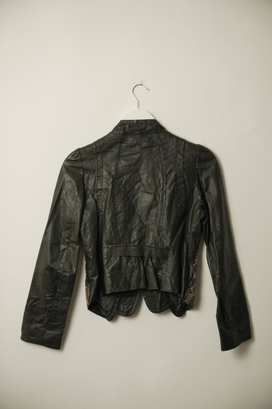 Black Heavy Sequin Chainmail Leather Jacket w Floral Brooch