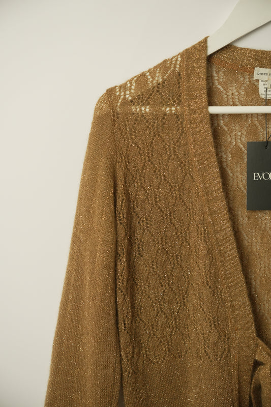 Dries Van Noten Gold LS Longline cardigan w tie