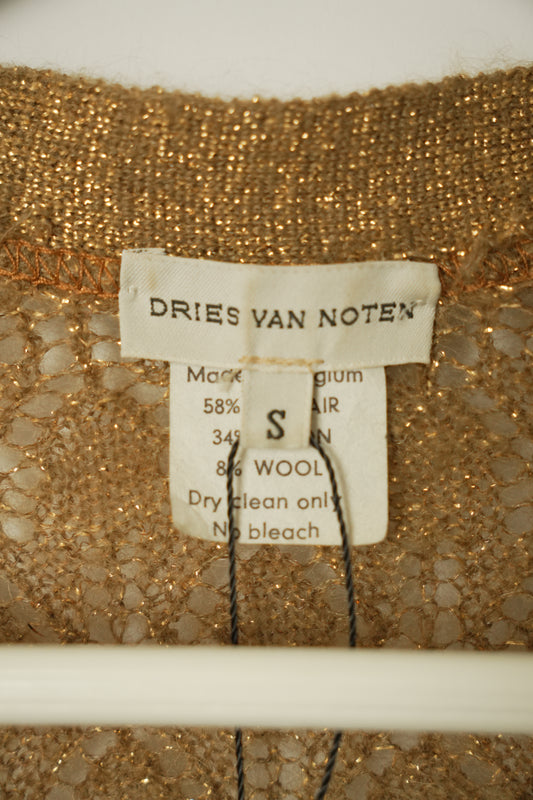 Dries Van Noten Gold LS Longline cardigan w tie