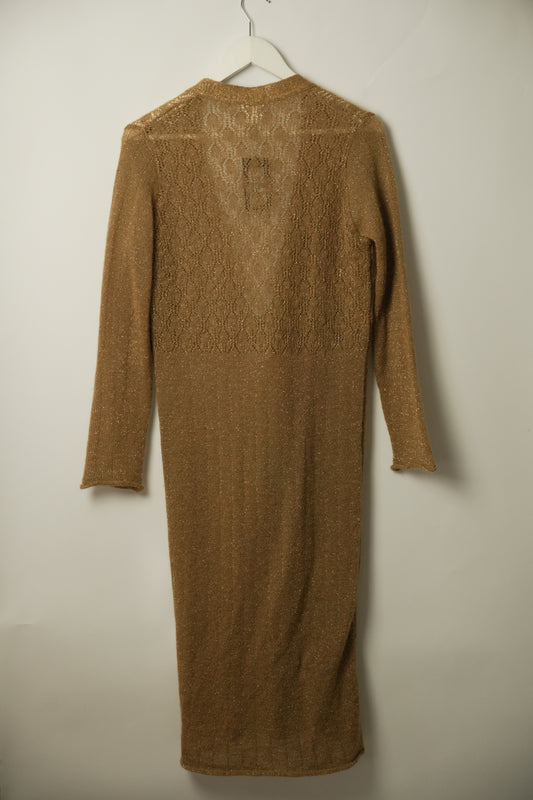 Dries Van Noten Gold LS Longline cardigan w tie