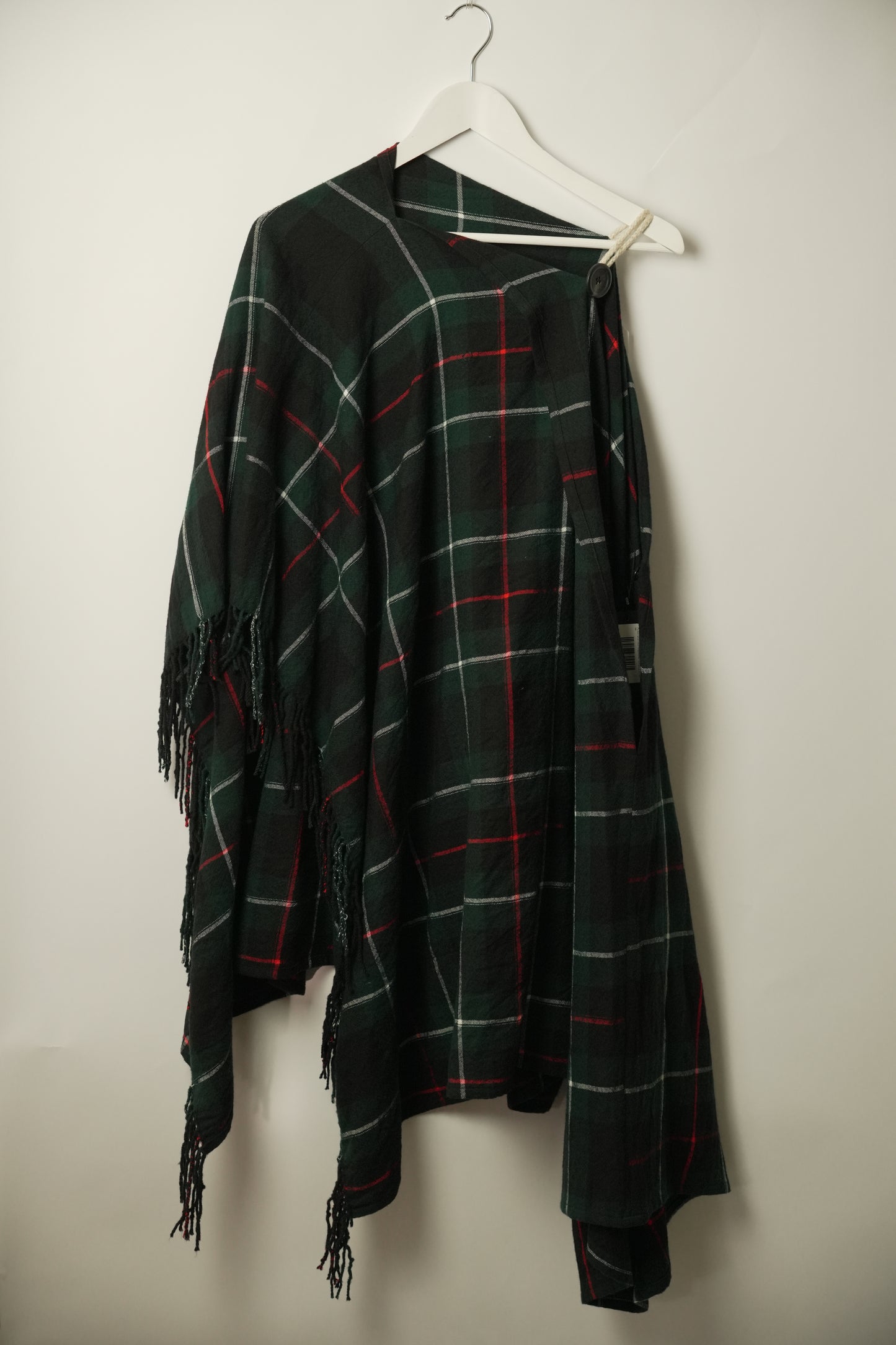 Y's Wool Tartan Check fringe blanket flare sleeve poncho top