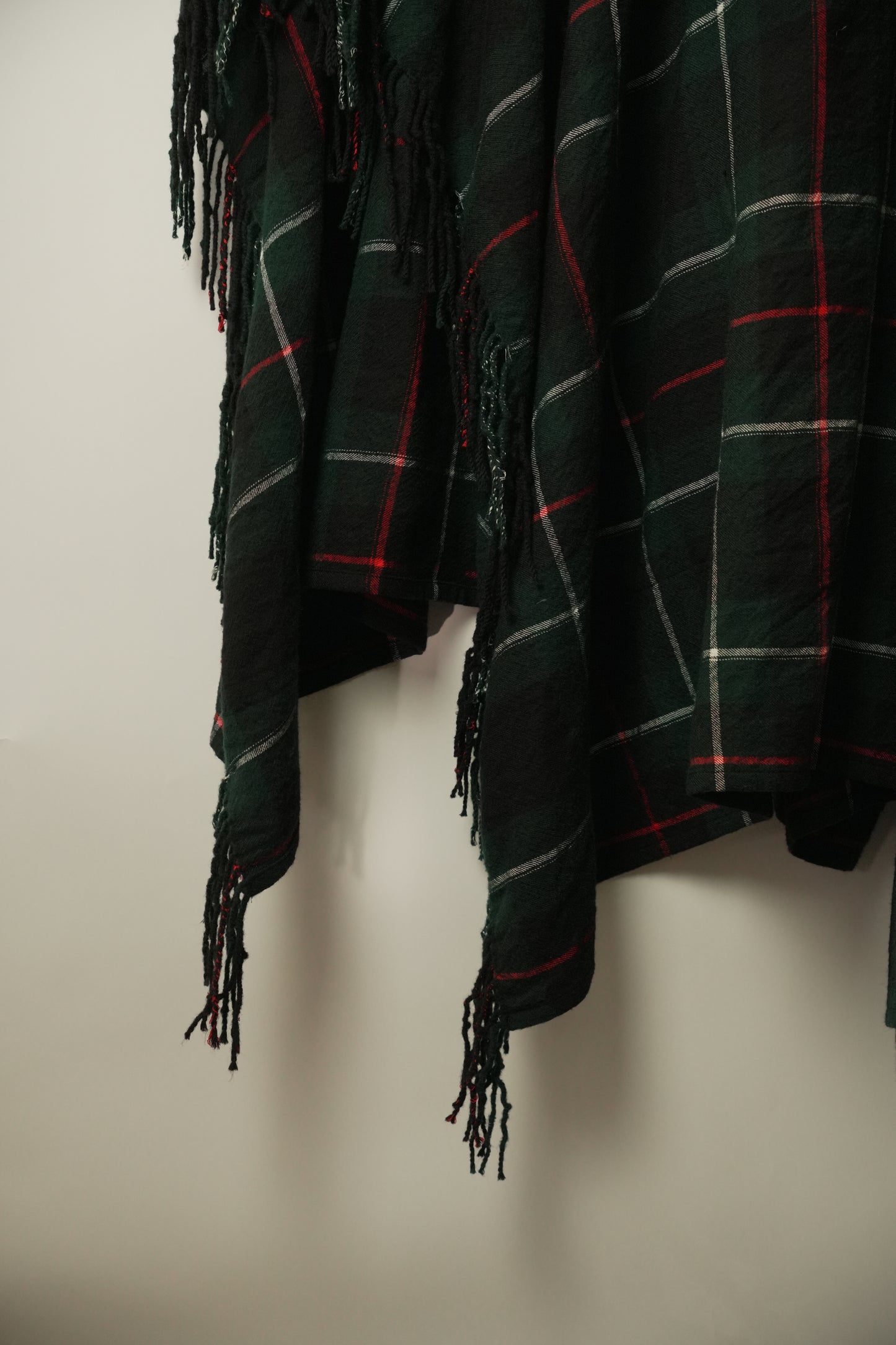 Y's Wool Tartan Check fringe blanket flare sleeve poncho top