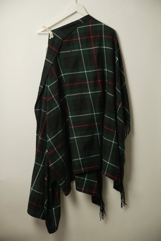 Y's Wool Tartan Check fringe blanket flare sleeve poncho top