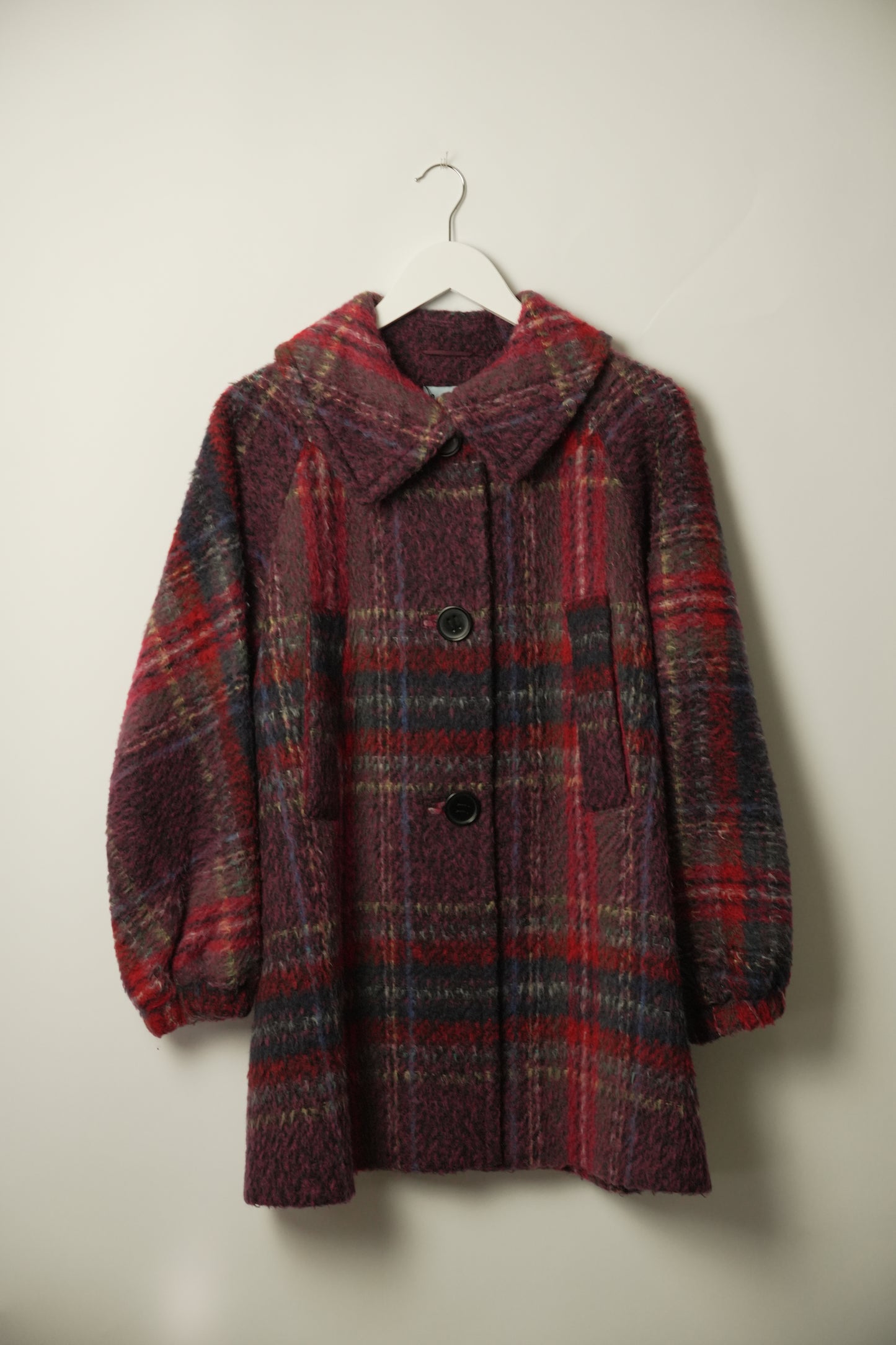 Paul Smith Checkered Wool Mohair Blend Purple Coat w Balloon Sleeves Sz 40