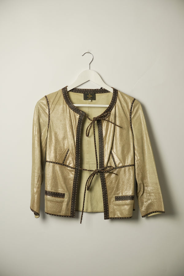 Fendi Gold Leather W Ties Jacket