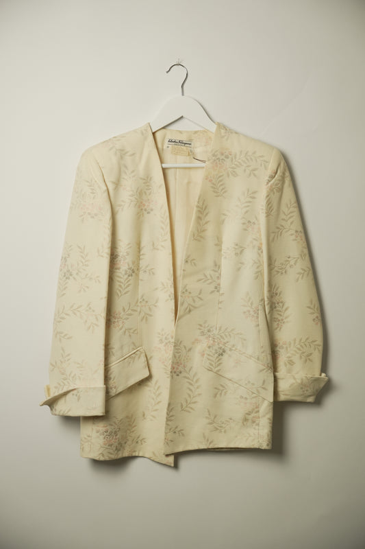 Salvatore Ferragamo Metallic Floral Cream Coat Blazer