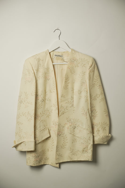 Salvatore Ferragamo Metallic Floral Cream Coat Blazer