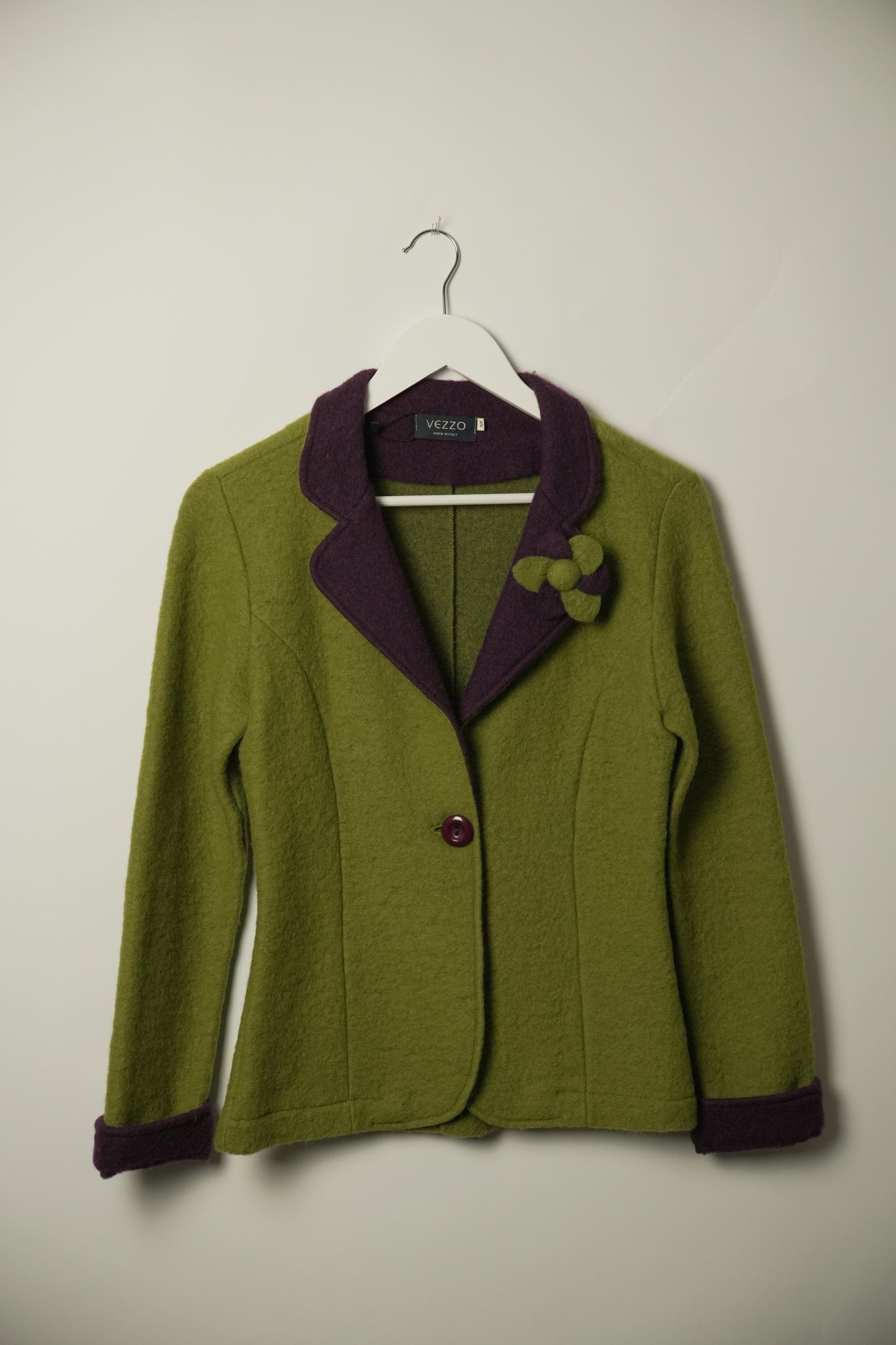 Vezzo Italian Made Two Tone Green Purple w Corsage Wool Blazer