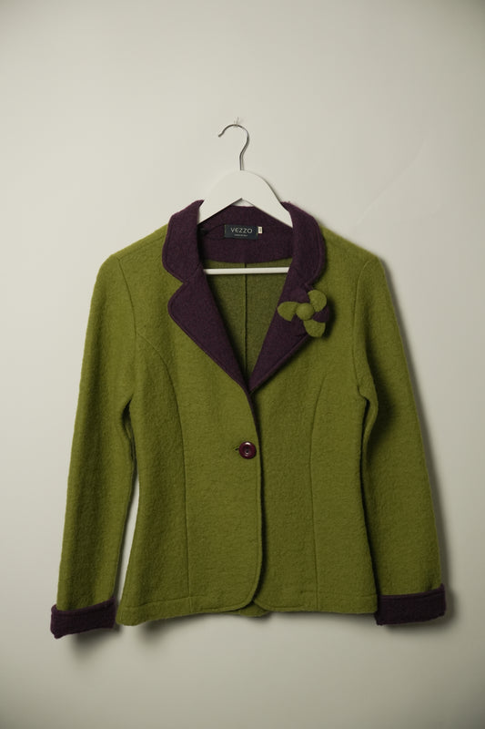 Vezzo Italian Made Two Tone Green Purple w Corsage Wool Blazer