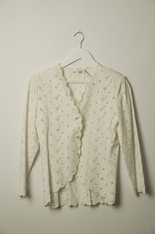 Christian Dior Lace Pearl Button Down Shoulder Pad Blouse